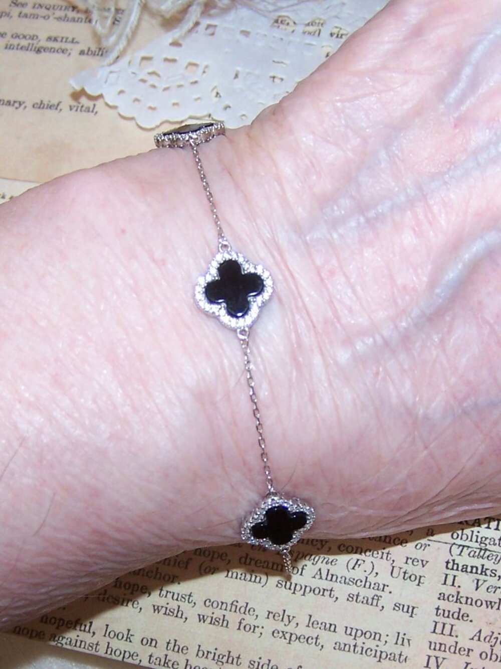 EHC Sterling Silver Black Onyx CZ "4 Leaf Clover" Quatrefoil Station Bracelet